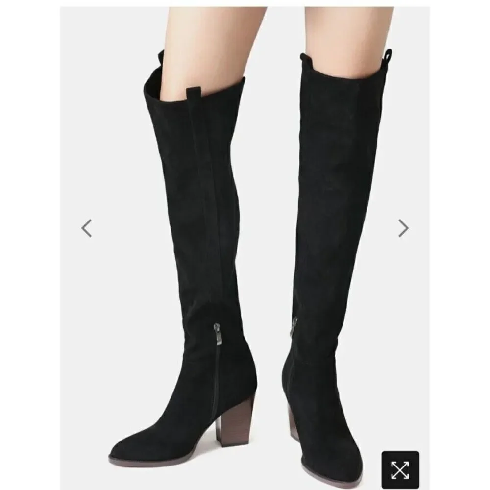 Shoe'N Tale Boots Women Black Faux‎ Suede Chunky Heel Over The Knee Thigh High